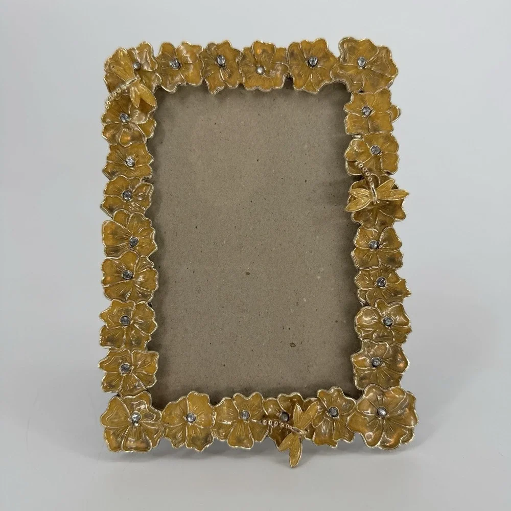 4x6 Gold Floral‎ Frame Enameled Flower Rhinestone Dragonfly Vintage Aesthetic